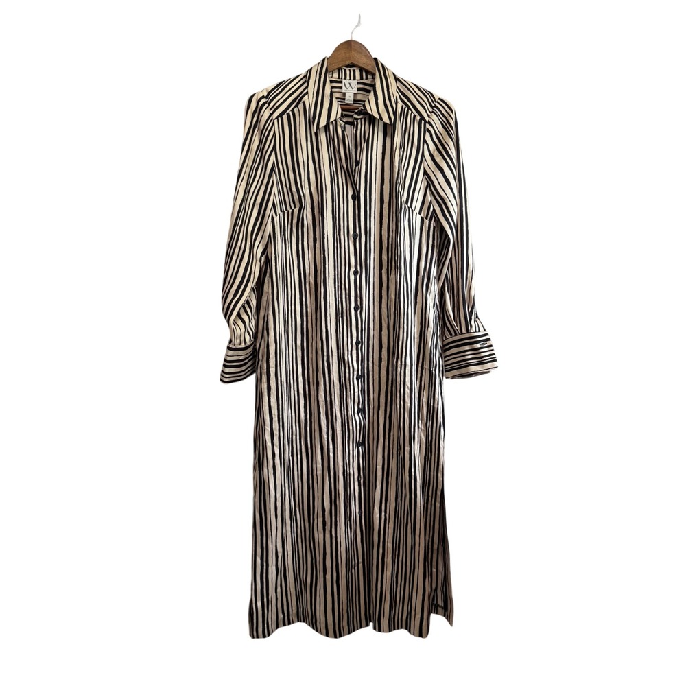 Worthington Shirt Dress Womens 10 Black Cream Excellent Striped Maxi Pockets